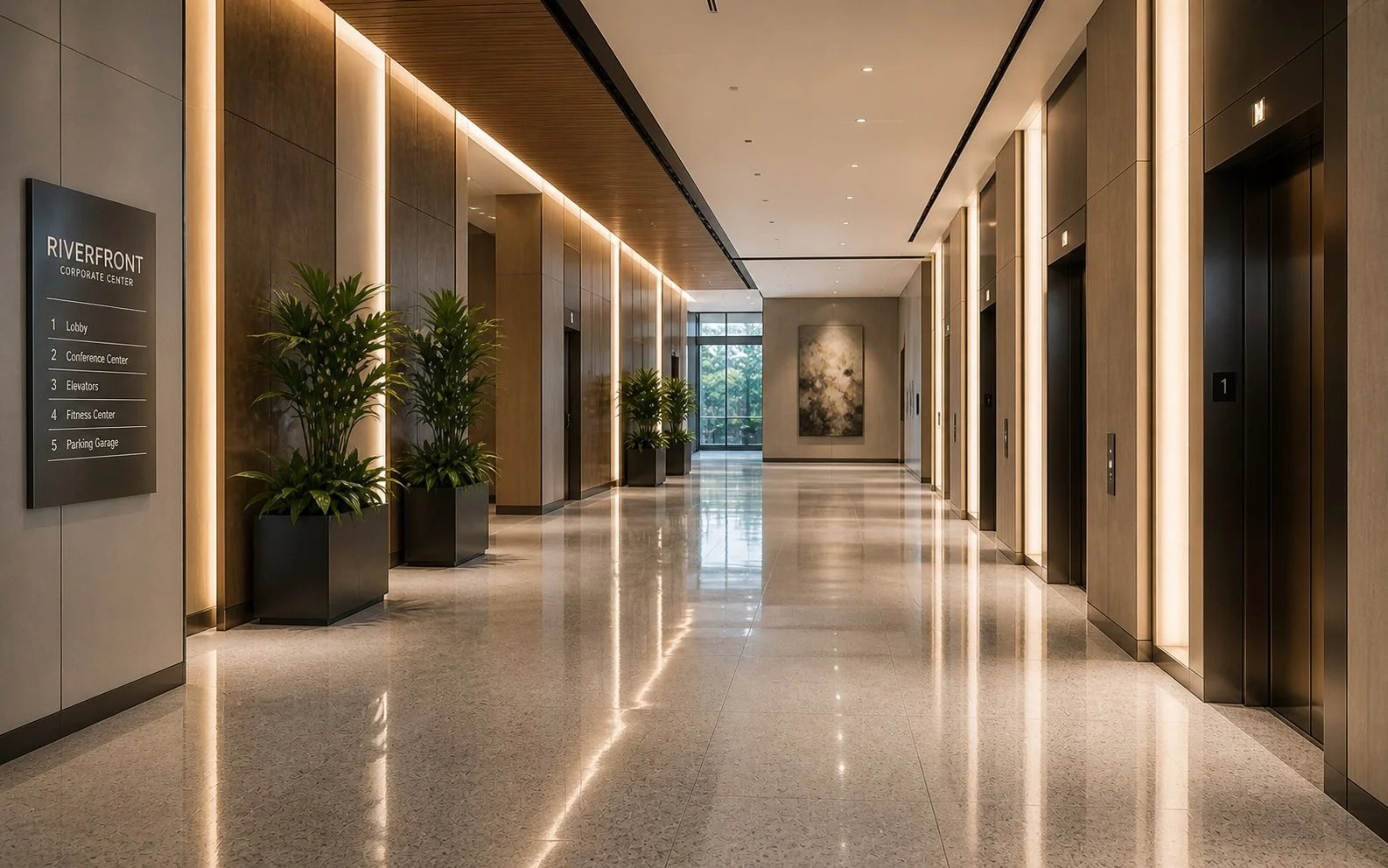 Valera floor care specialist performing hard surface maintenance in a Phoenix corporate building