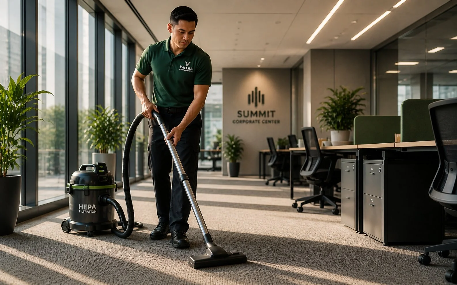 Valera commercial cleaning crew servicing a Class A office building lobby in Phoenix