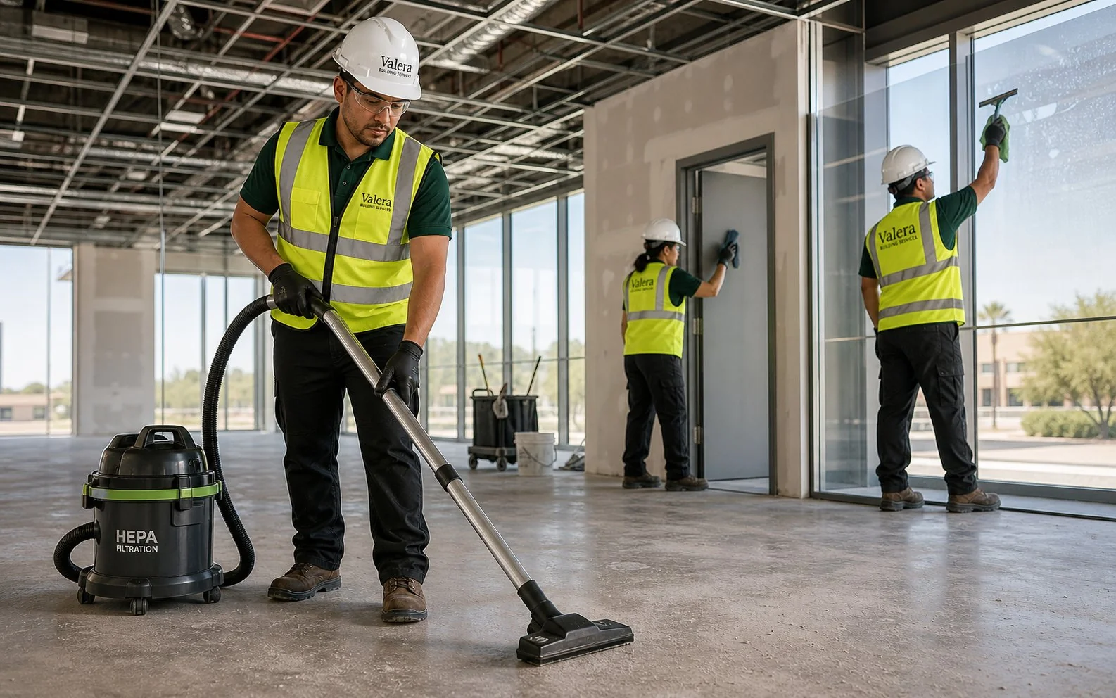 Valera post-construction cleaning crew in PPE preparing a newly built Phoenix commercial space