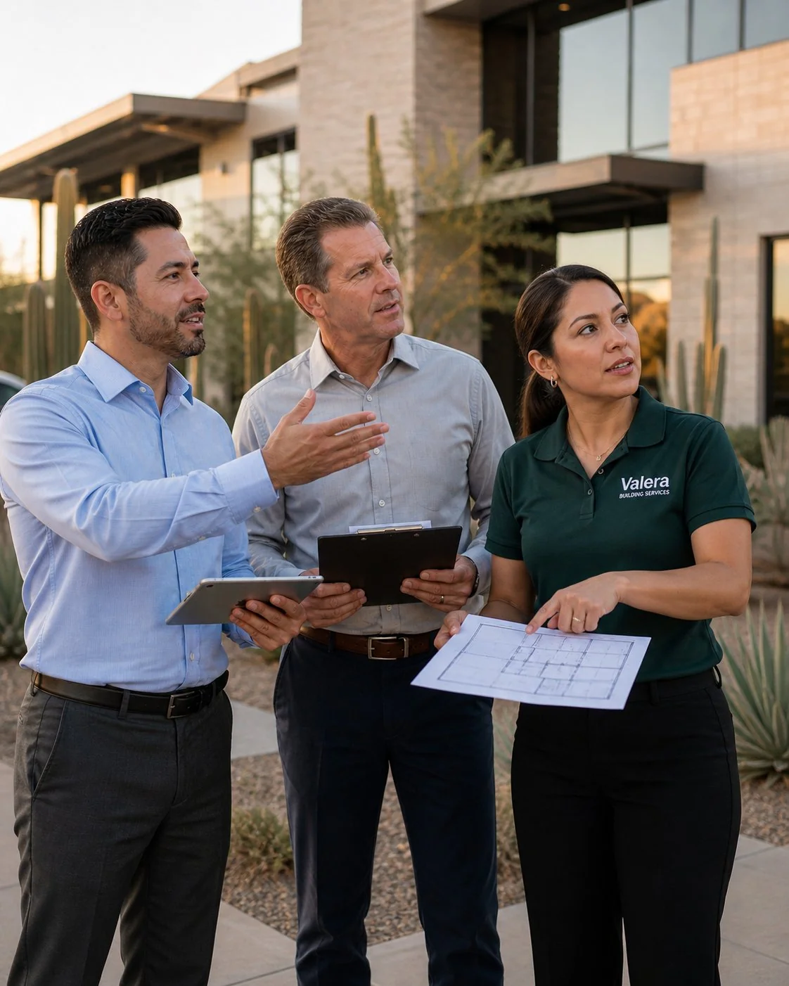 Valera Building Services founders conducting a property walkthrough with a Phoenix commercial property manager